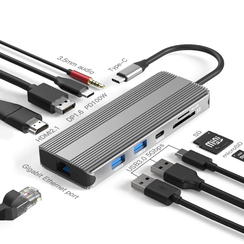 10 In 1 Multi-Port Type C Hub 10 Port USB C USB-C to 8K HDTV Displayport USB-A 3.0 PD100W 1000Mbps Ethernet Audio Hub 10-In-1