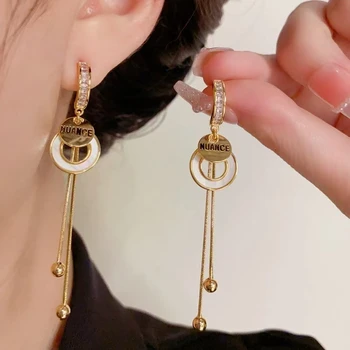 14K Copper Gold-Plated Tassel Earrings Slim Silver Needle Geometric Shell Trendy Long Earjewelry Wholesale Fashionable