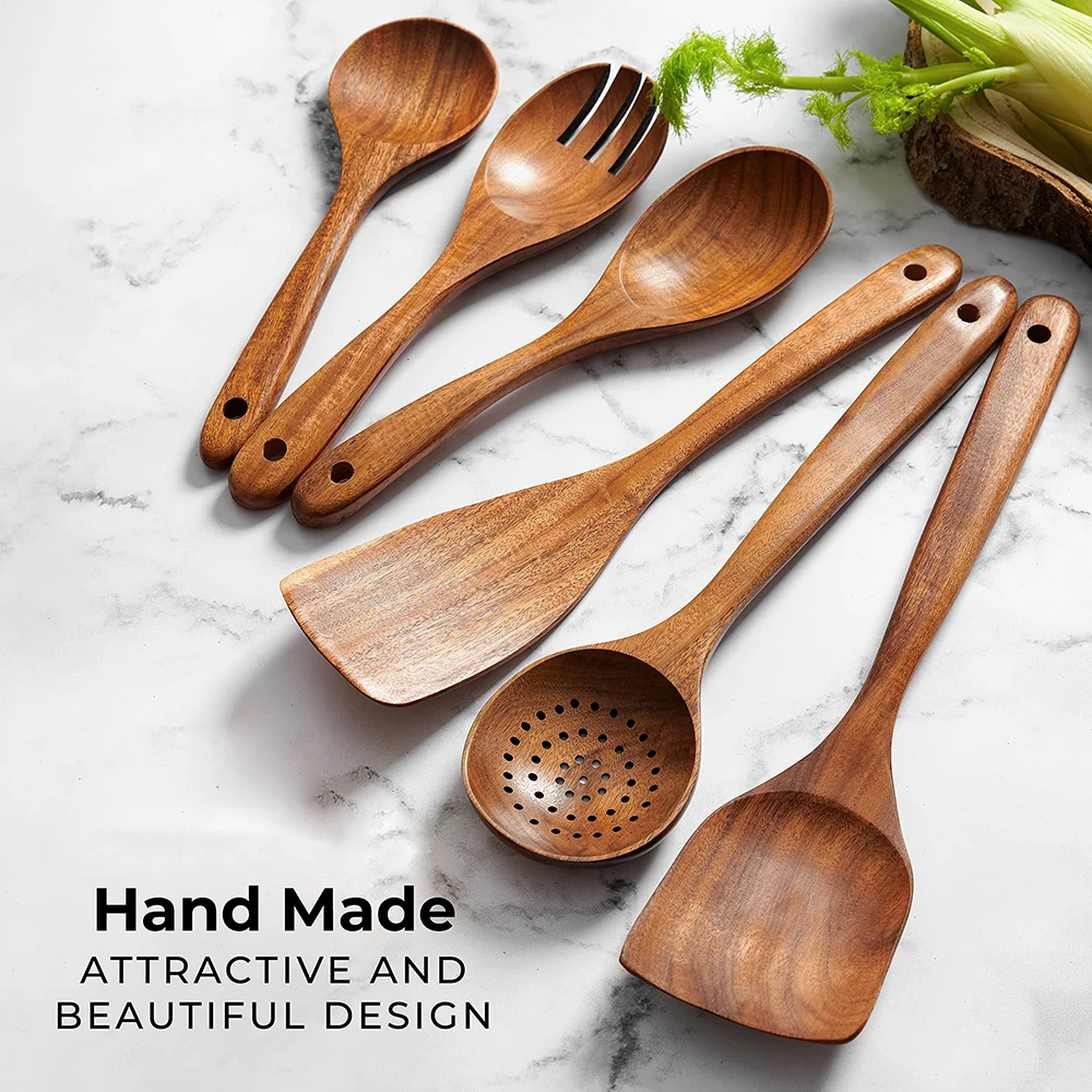 Wholesale Wooden Spoon Set Teak Wood Kitchen Utensils Set Cooking