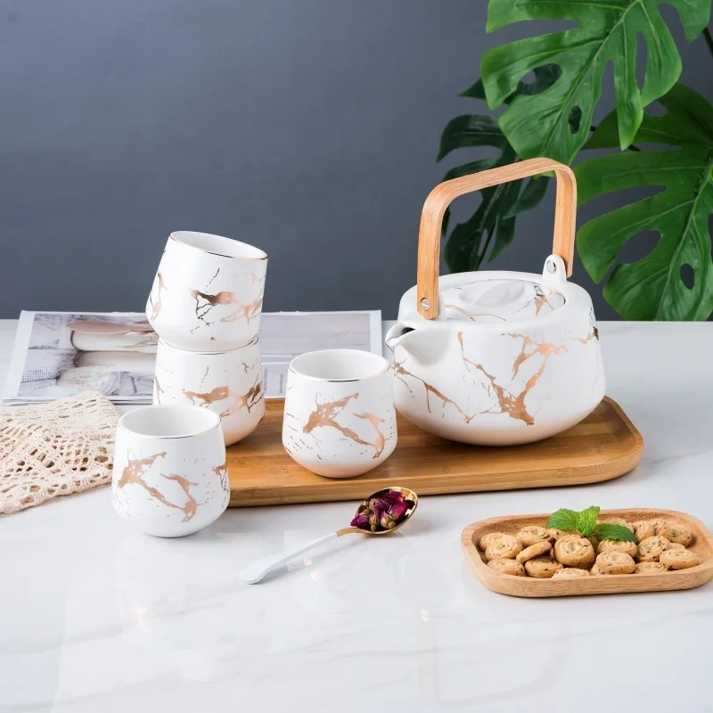 New Designs Marble Pattern Porcelain 6 Pieces Coffee Cup Ceramic Tea Pot Set