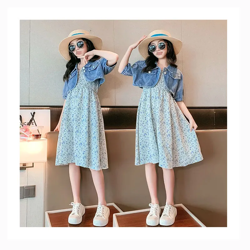 IEFiEL Kids Girls Summer A-line Dress Denim Bodice Floral Print Dress Pink 14