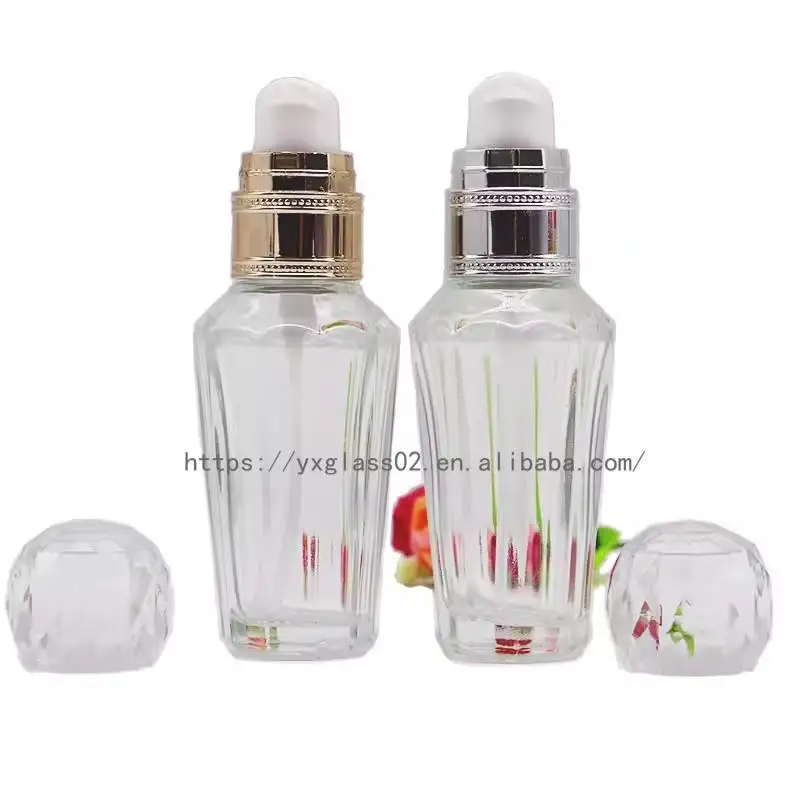 Factory Luxury cosmetic liquid-diamond shape foundation glass bottle make up container with squeeze pump 30ml50ml factory