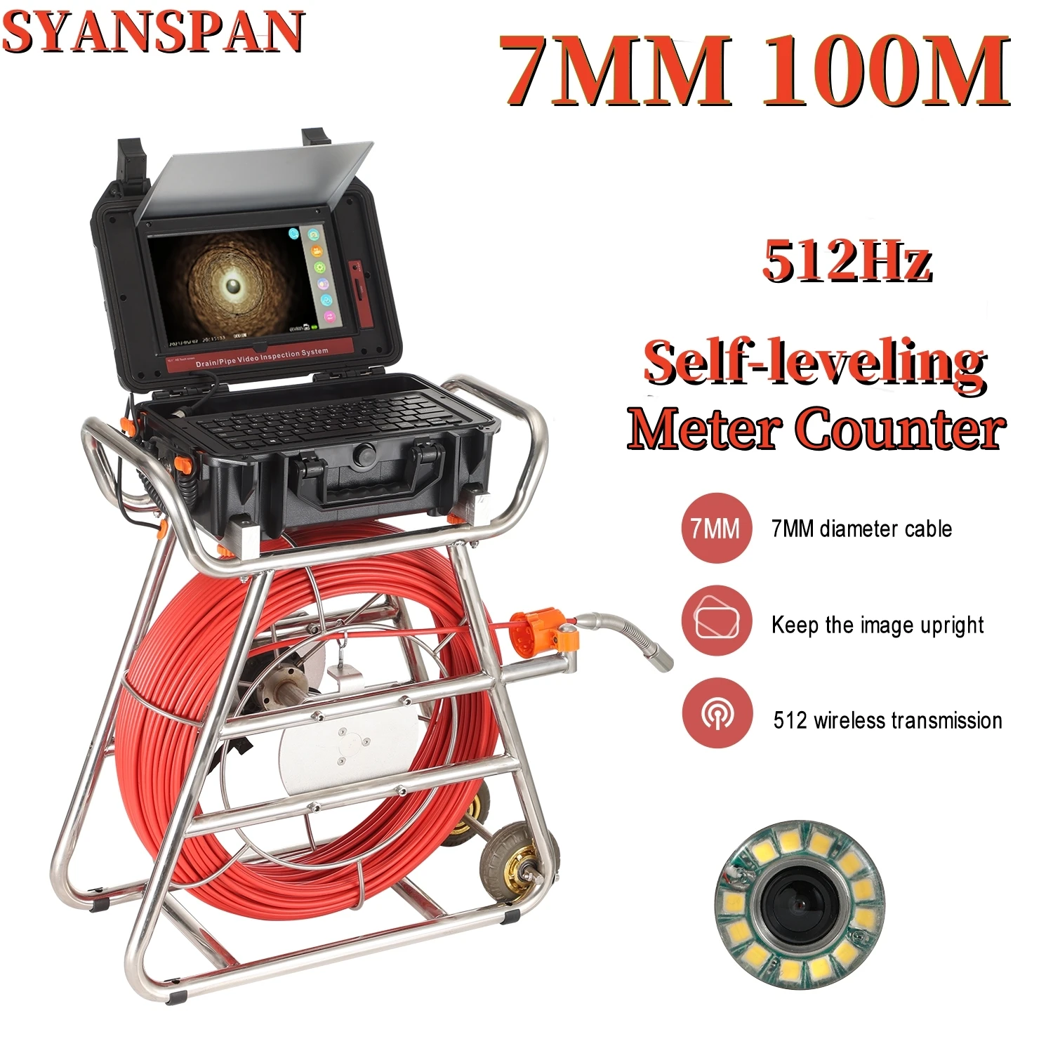 Sewer Camera Self-leveling&512HZ Sonde/Transmission 7MM 100M Red Cable Sewer Camera 16GB Card Video& Audio Recording
