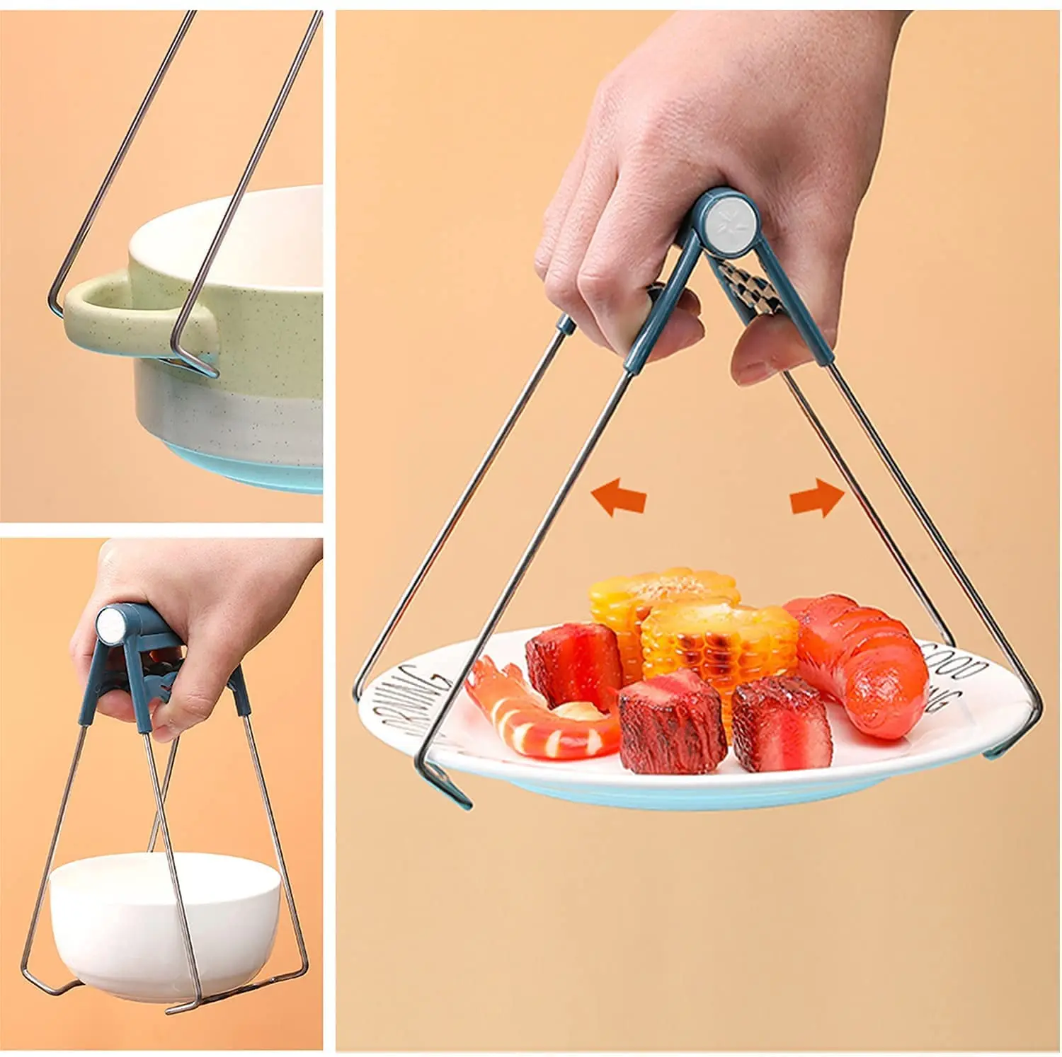 Silicone Kitchen Hot Plate Gripper Stainless Steel Bowl Clips Non-Scalding BBQ Cooking Grilling Locking Tongs Bowl Clip supplier
