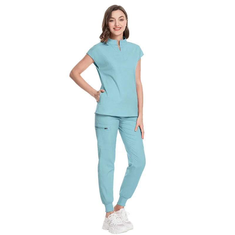 Logo Custom Chinese Classic Style 2 Piece Jogger Set Massage Beauty Salon Nursing Uniforms Women Solid Color Medical Scrubs