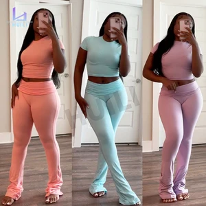 Huili Custom Logo High Stretch Top and Flare Pants Outfits Skinny Tracksuits 2 Two Piece Fitness Leggings Loungewear Women Sets