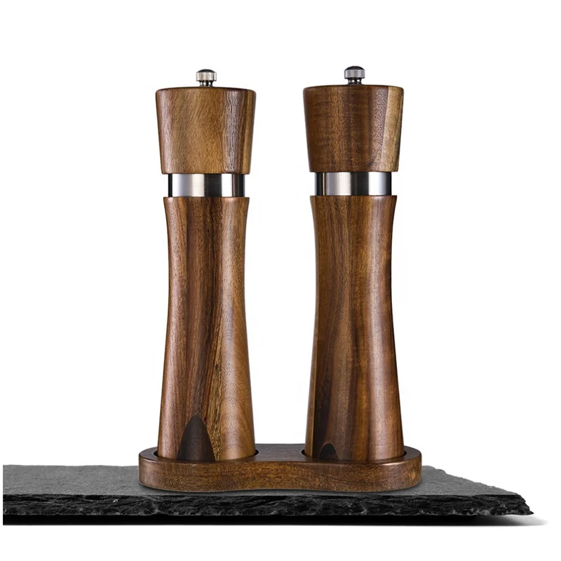 Acacia Wooden Salt and Pepper Grinder Set (2 Pack) with Wood Stand