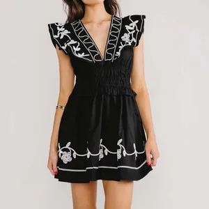 Manufacturer New Arrival Woman's Vacation Dress Flutter Sleeve Embroidered Jacquard Gathered Waist Mini Dress