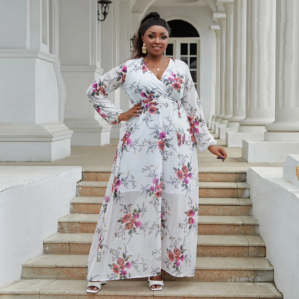 Plus Size Maxi Dress for Women Chiffon Deep V-Neck Printed Loose Summer  Beach Dresses V Neck Long Sleeve Long Maxi Dresses