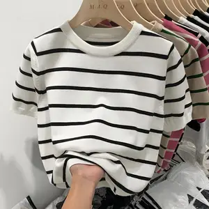 Fashion Women's Short Sleeve Ice Silk Knitted Top Vintage Chic Pullovers in Casual Striped Style Knit Top for Women