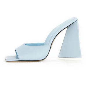 Trendy Evening Party Square Toe Chunky Slippers Pyramid Heel Summer Mules Sky Blue High Heels Sandals for Women