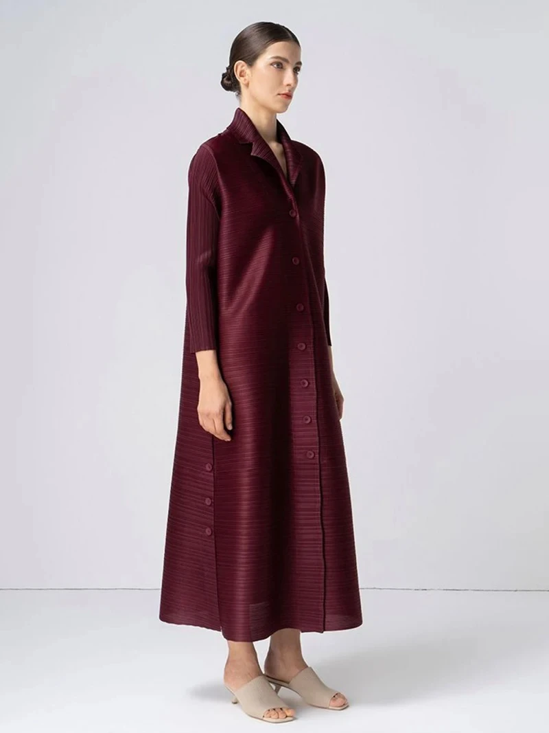 Factory Customized High Quality Miyake Pleated Turn Down Collar Loose Cardigan Coats Women Dress Indian Modest Abaya