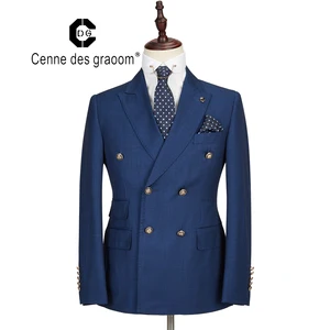 Mens Suit 2 Piece Slim Fit Blue Wedding Office Double Breasted for Cenne Des Graoom Lapel Blazer Trousers