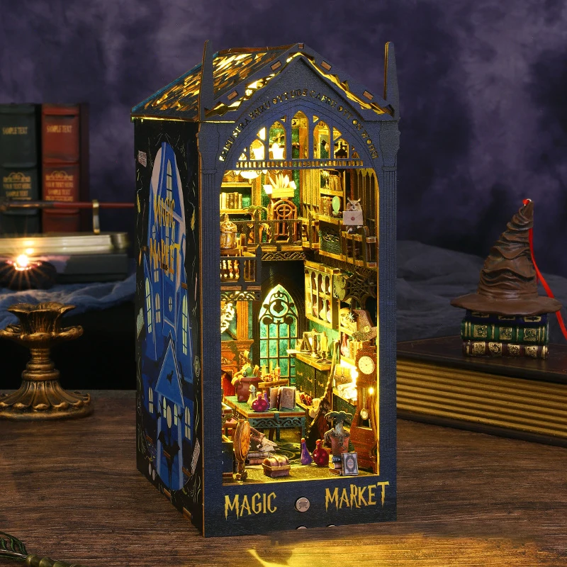 New Magic Market Book Nook 3d Wooden Puzzle Bookend Diy Miniature House Booknook Shelf Insert Book Nook Kit Educational Puzzle