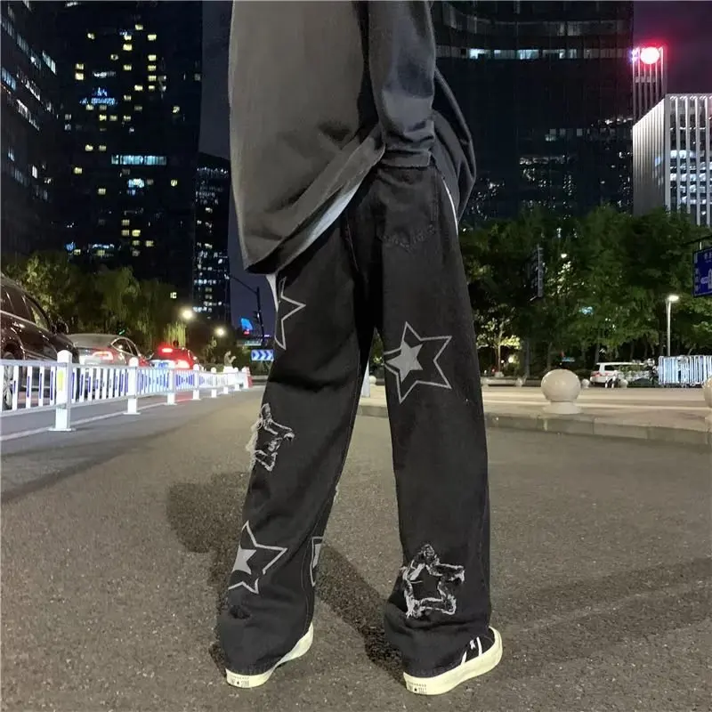 Vintage Star Men's Light Wash Baggy Jeans Mid Casual Korean Denim Pants Streetwear Printed Patchwork Y2K Male Straight Trousers