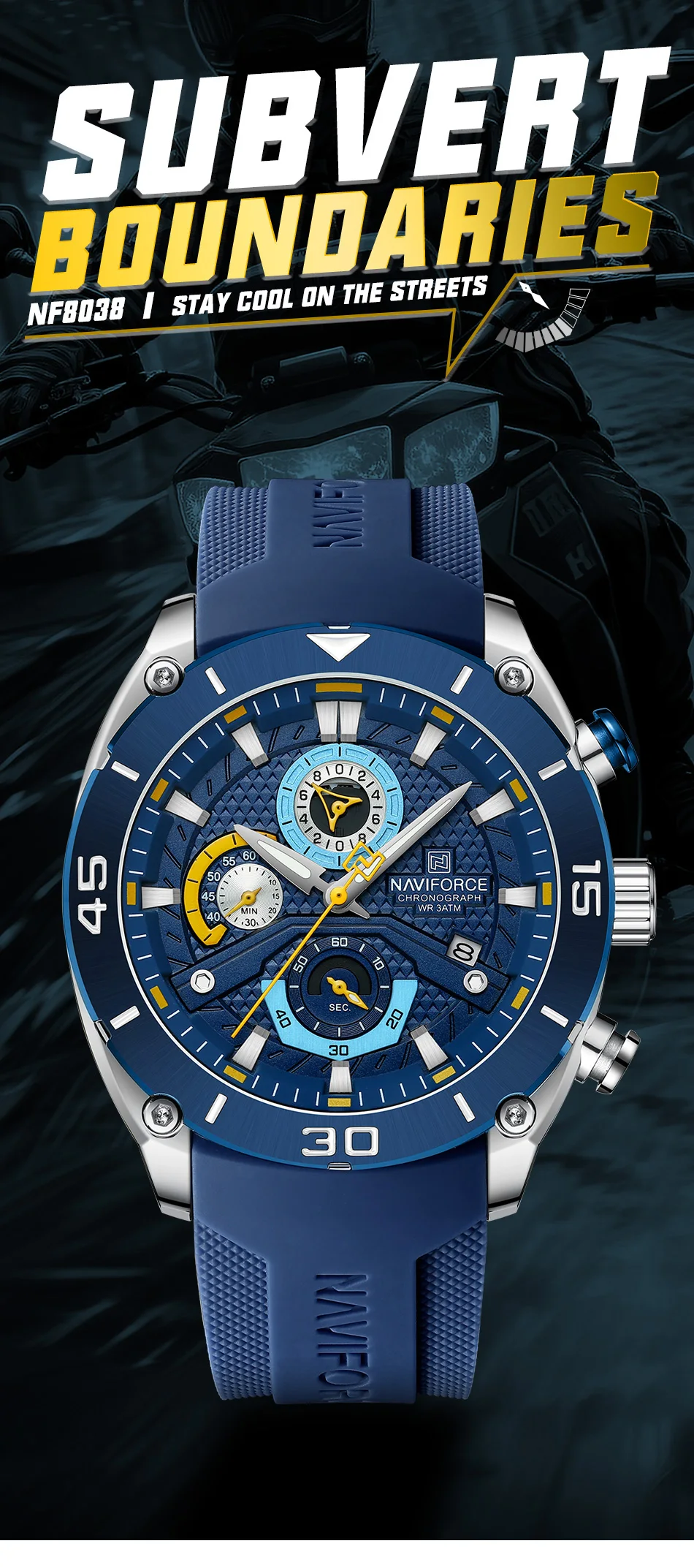 NAVIFORCE NF8038 Brand New Fashion Watches for Men Sports Chronograph Quartz Wristwatches Waterproof Luminous Clock