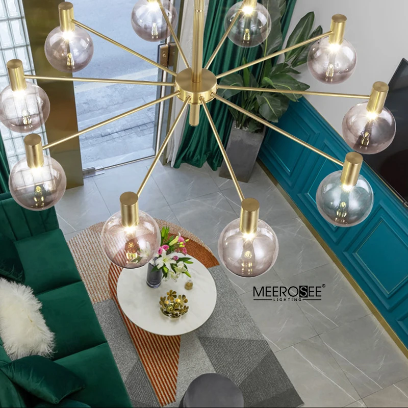 Meerosee Modern Brass Chandelier and Hanging Lamps Glass Globe Shade Chandelier Luxury Modern MD86771