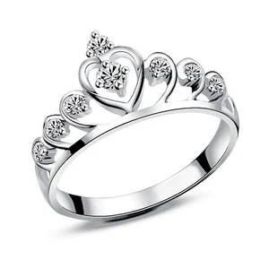 Fashion 925 Sterling Silver Heart Tiara Princess Crown with Cubic Zirconia Women Ring Custom