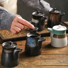 Japanese Earthenware Ceramic Oil Bottle Pot Liquid Condiment Dispenser Lid Ponzu Vinegar Soy Sauce Bowls Traditional Condiment