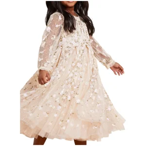 Elegant Embroidered Children's Clothing Girls Kids Floral Tulle Summer Fluffy Long Sleeves Dress