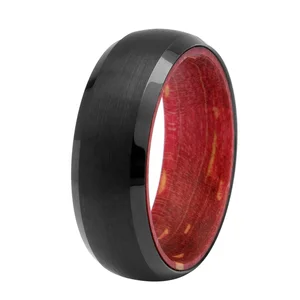 8mm Beveled Edge Tungsten Ring with Red Box Elder Wood Inlay  Black Wedding Band Tungsten Carbide Men Ring