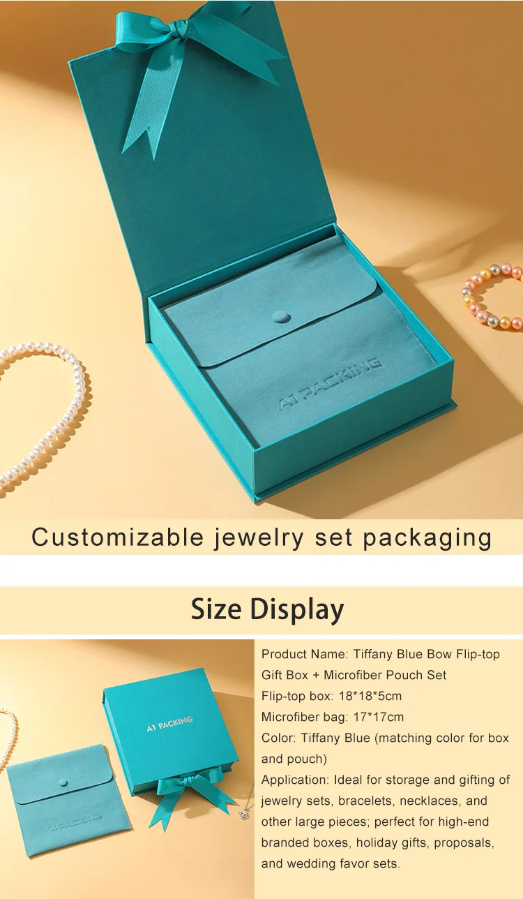 A1 Simple Luxury Square Jewelry Gift Box Set with Magnetic Snap Closure Blue Microfiber Bag for Popular Necklace Storage details