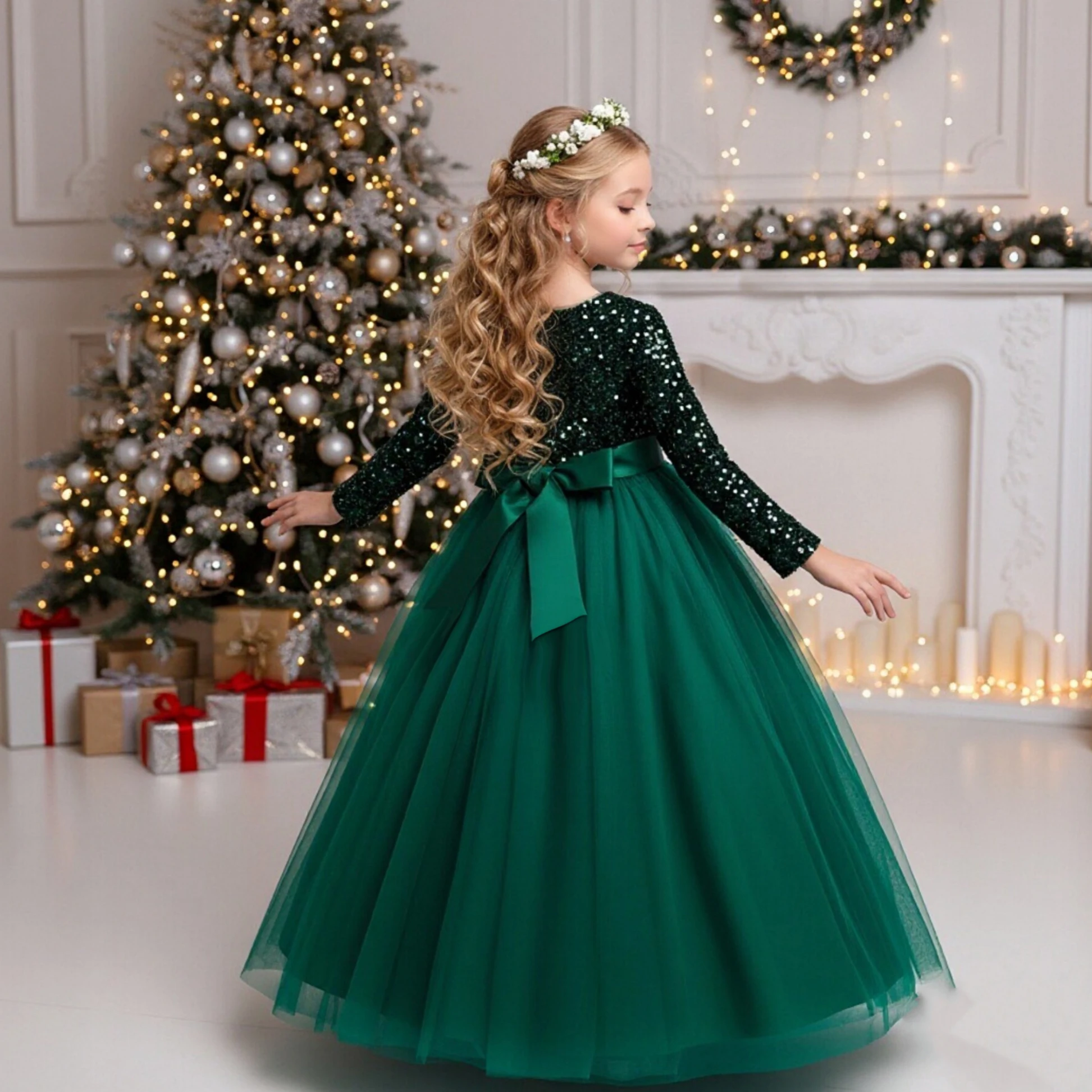 Western Style Sequin Girl Wedding Gown - Green Long Sleeve