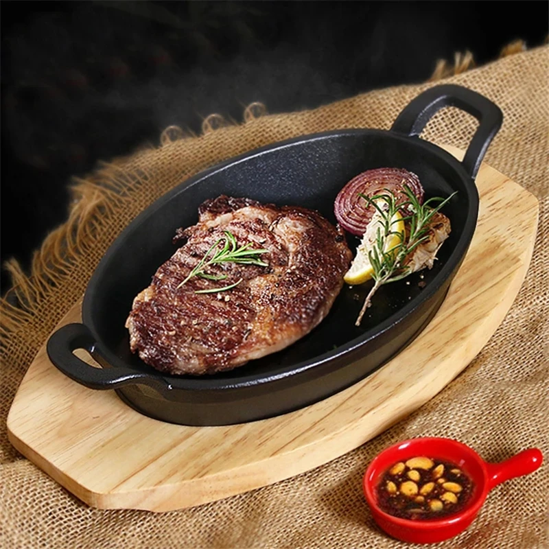 Cast Iron Skillet Steak Sizzler Serving Pan Plate Fajita Dish + Wooden Base