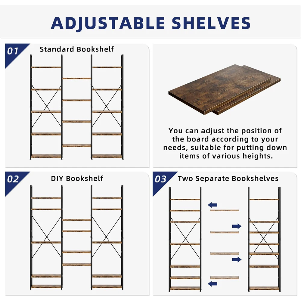 product nu deco mh26017 triple column 5 tier adjustable rustic industrial modern bookshelf 14 open display shelves for bedroom living-5