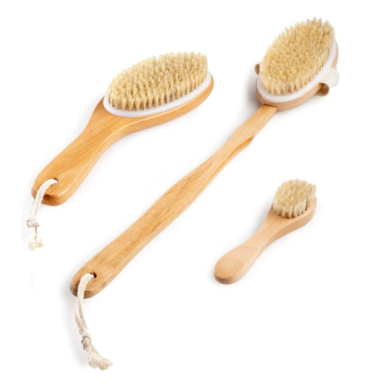 Bath Brush Set Brushs 100% Natural Boar Bristle detachable Long Handle Wooden Dry Bath Body Back Bru