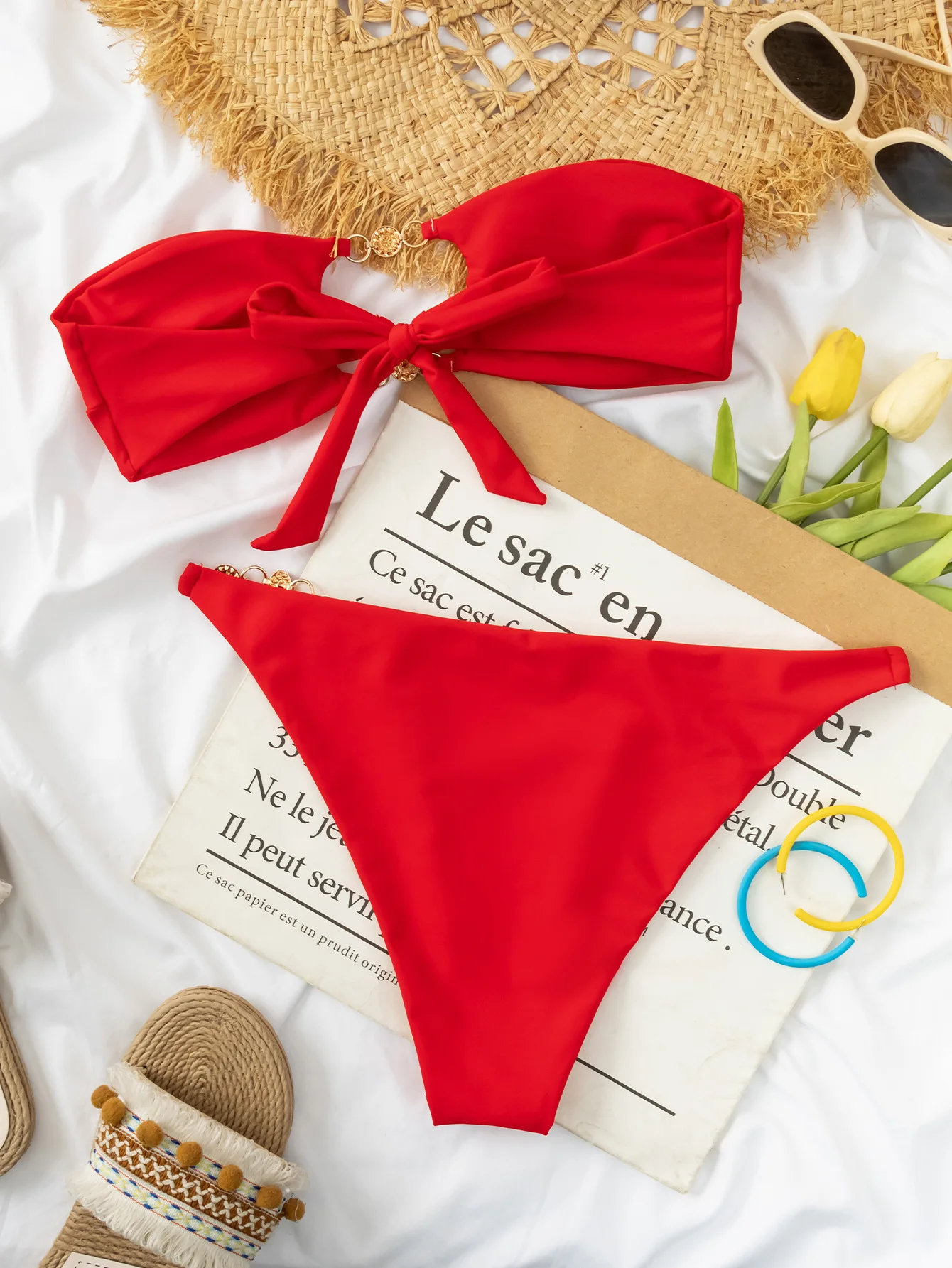 Women Red Topless Extreme Bathing Suit Hot Mature Bikinis Set Slip