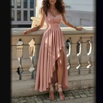 Women's Sexy Lace Evening Party Dress One Shoulder Sleeveless Backless Asymmetrical Ruffle Hem Split Slash Neck Hollow