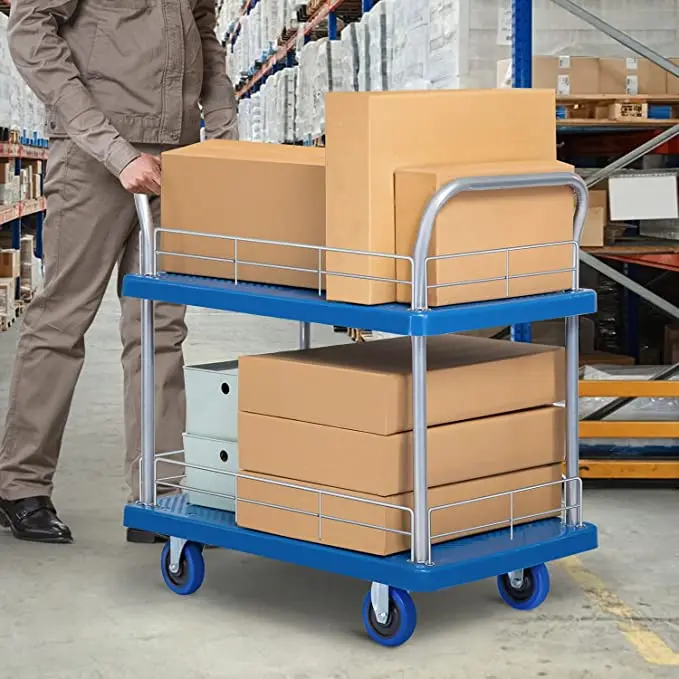 2 Tier Heavy Duty Utility Cart with Handle Bar Serving Cart 300kg Load Double Layer Platform Trolley with Four Wheels