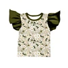 Beige Base Olive Green Ruffle Sleeve Daisy Print T-shirt