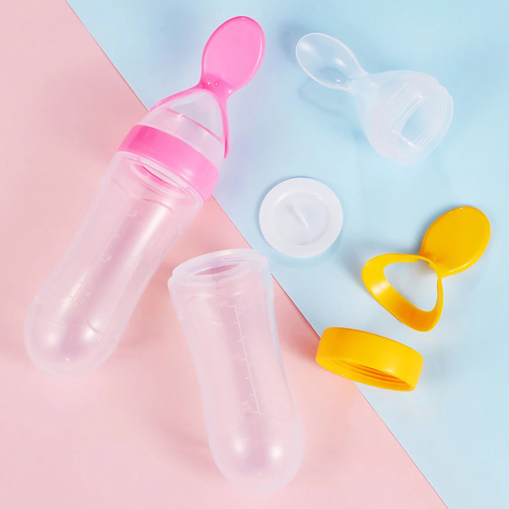 Mix Color Silicone Baby Squeeze Feeding Bottle with Spoon for