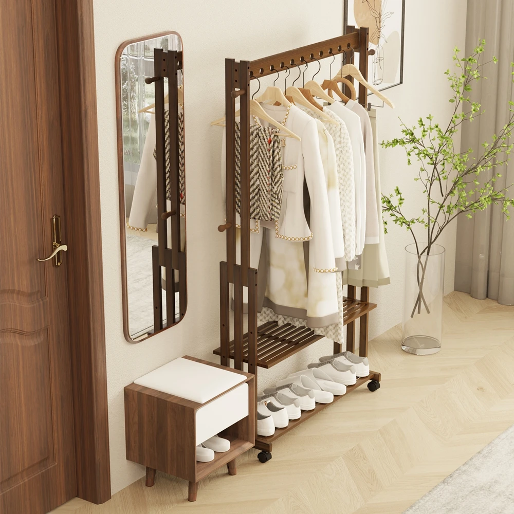 Unho Bamboo Clothes Rack Stand: Wooden Clothing Hanging Rail Garment Coat  Stand Open Wardrobe with Storage Shelves for Bedroom