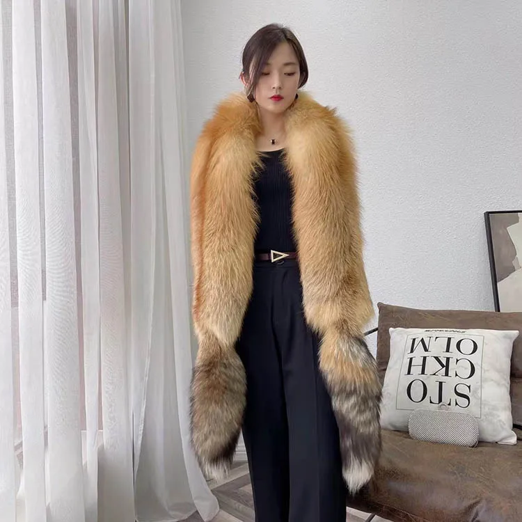 Mwfur Fashion Fur Shawl Fox Skin Scarves With Tails Fur Stole Luxurious ...