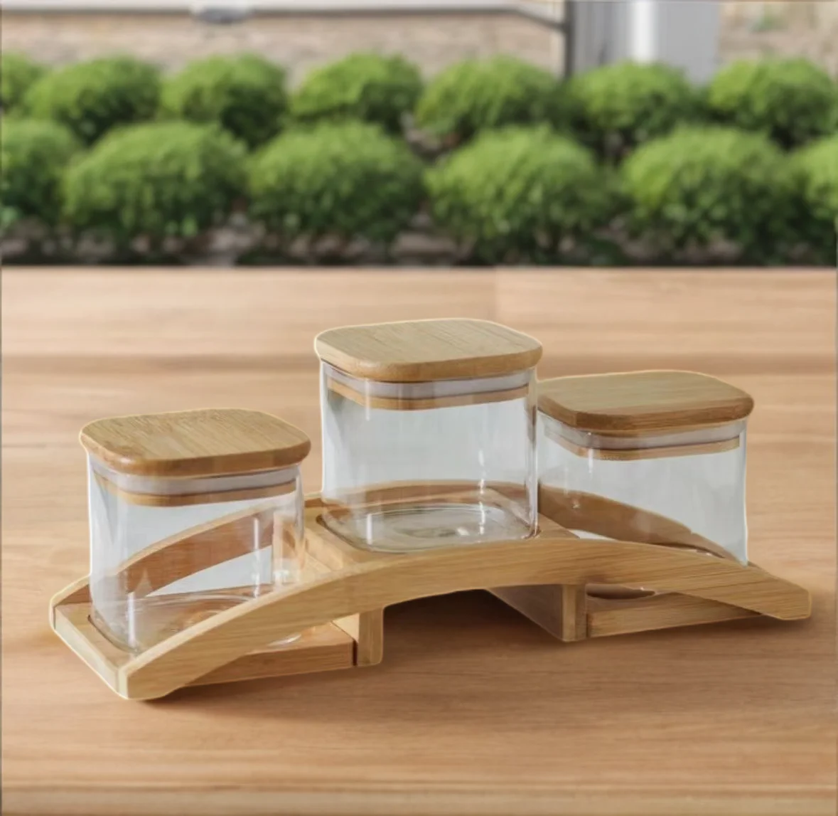 High Borosilicate Square Spice Storage Bamboo Lid Airtight Jar