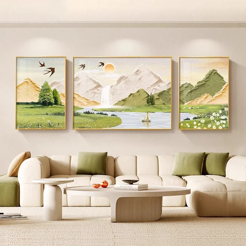 Ginkgo Forest Mountain Wall Art Canvas Print Golden Deer Sunset River Winding Path Nature Landscape Neutral Earthy Tones
