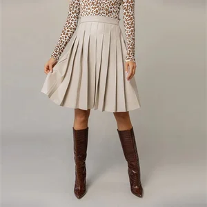 Clothing Manufacturer Custom Spring Autumn Gray High Waisted Elegant Casual Women Pleated Leather Skirt