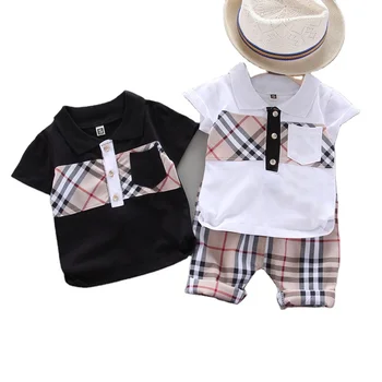 high quality Baby Toddler Boys clothing 2 piece sets Plaid Lapel Design short sleeve shorts kids wear Summer clothes