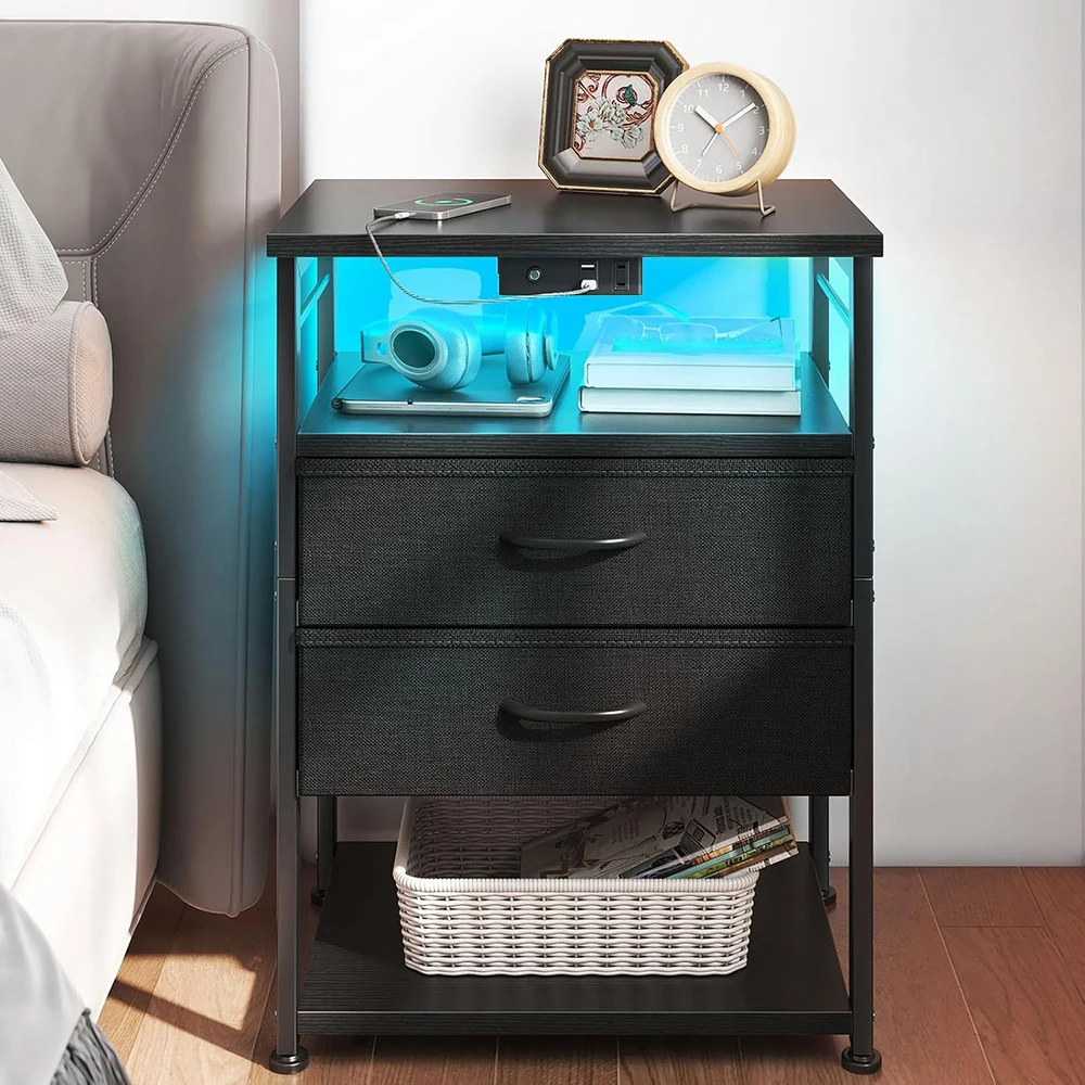 Modern Durable Nightstand Charging Station LED Lights 27.6" Tall 4-Tier Storage 2 Fabric Drawers 2 Open Shelves Space-Saving