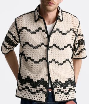 Custom Button Mesh Stripe Hollow Crochet Sweater Short Sleeve Polo Knit Men's Cardigan Short Sleeve