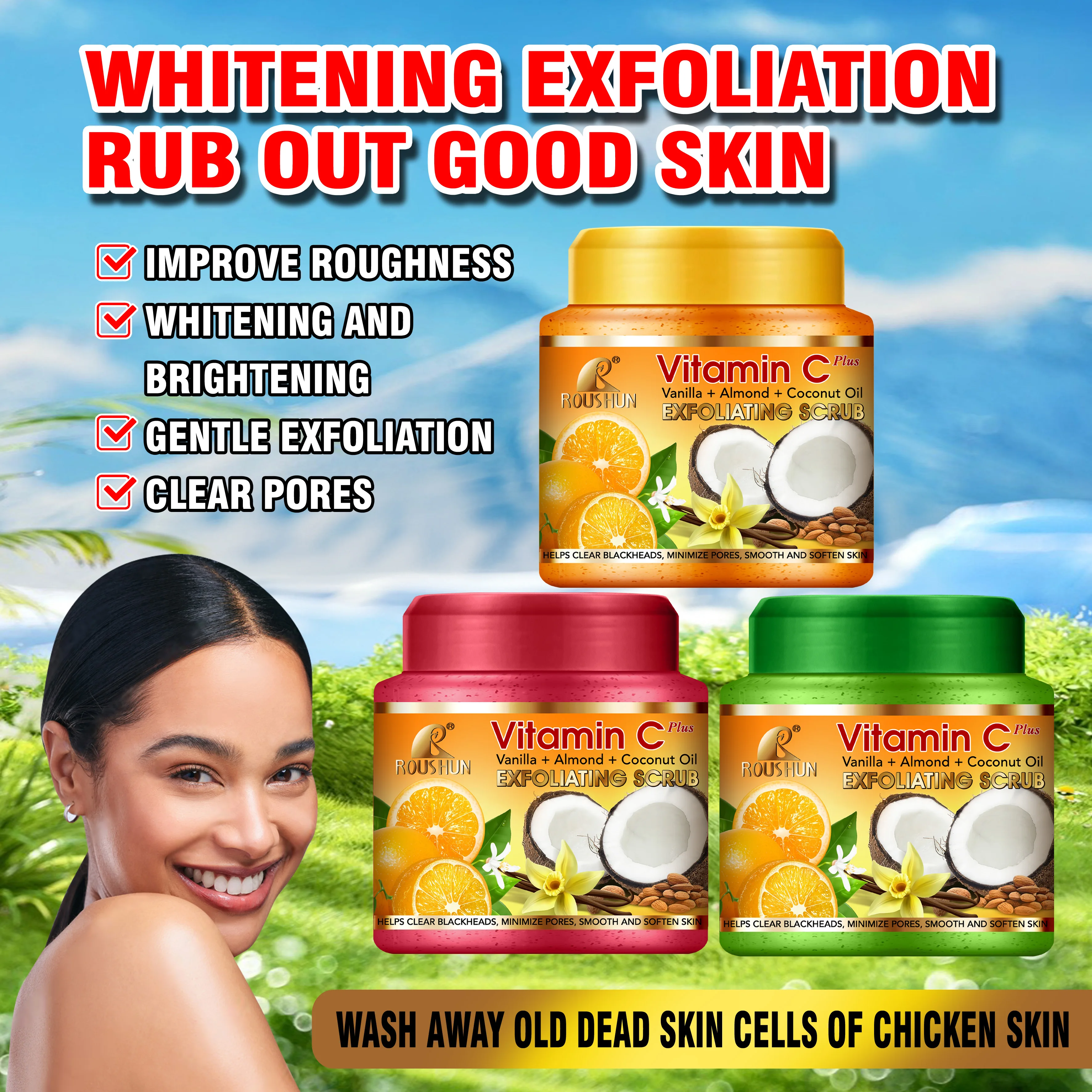 ROUSHUN VC EXFOLIATING SCRUB Vanilla Almond VITAMIN C VEGAN LIGHTENING BODY SCRUB