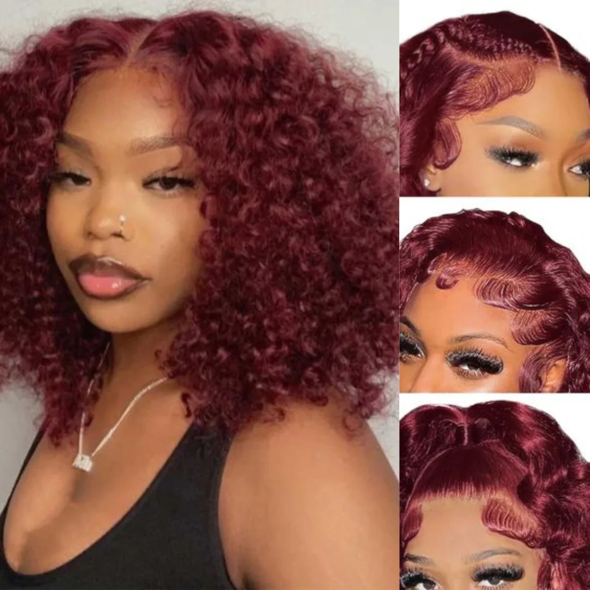 Peluca de cabello humano rizado color burdeos 99J con cierre de 4x4 y encaje frontal, peluca corta estilo bob_voghion.com