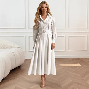 2025 Autumn New Women's Dress Elegant Shirt-style Belted Pleated Long Dress Solid Color Fashion Casual Dress