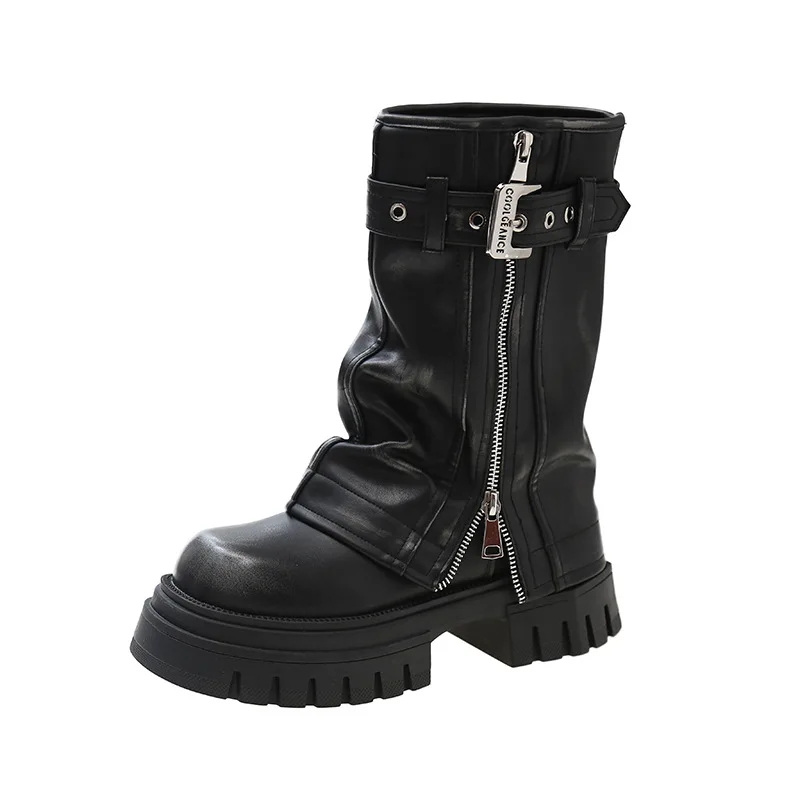 Fashion Thick Sole Widen Shaft Black Short Boots Double Zippers Distressed Black Women Western Mid-calf Boots - Image 1
