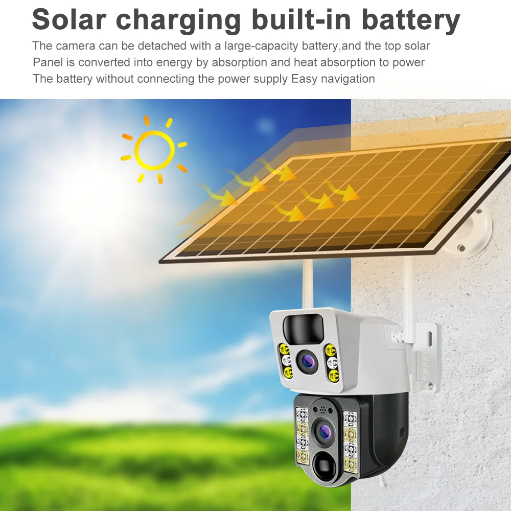 V380 WiFi Dual Lens Solar Power Camera CCTV Security Camera Outdoor Support 128 Memory Card