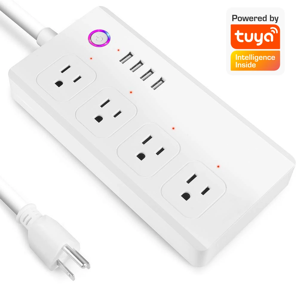 Tuya WiFi Smart Power Strip Socket with 4 Outlets and USB Ports 1650W 120V Industrial Extension Cord for Home Use