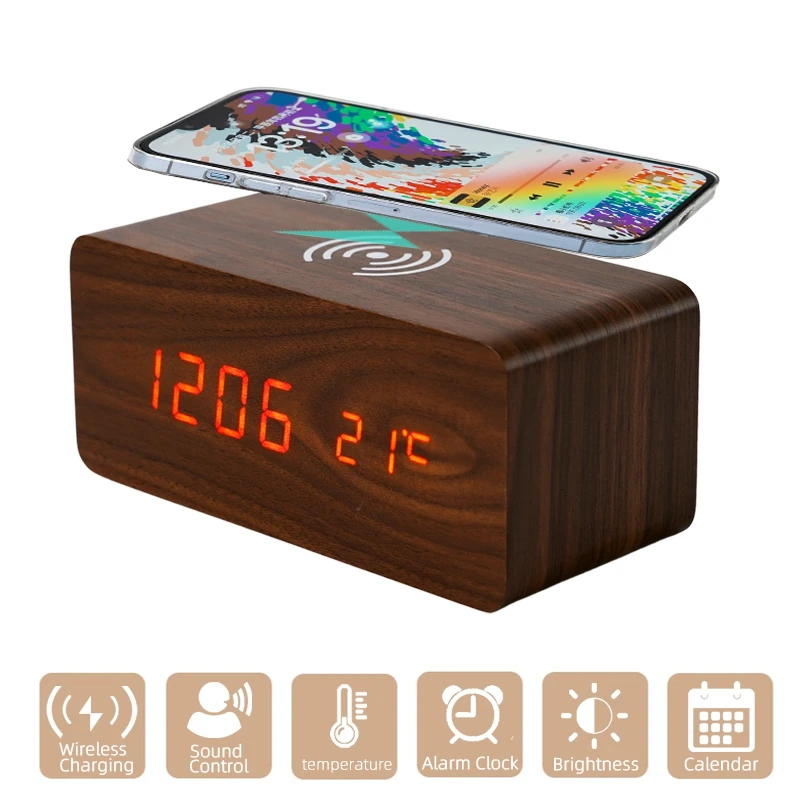 Factory Supply Stylish Wooden Design Multiple Functions Day Date Temperature 12/24 Display Wireless Charging Digital Alarm Clock